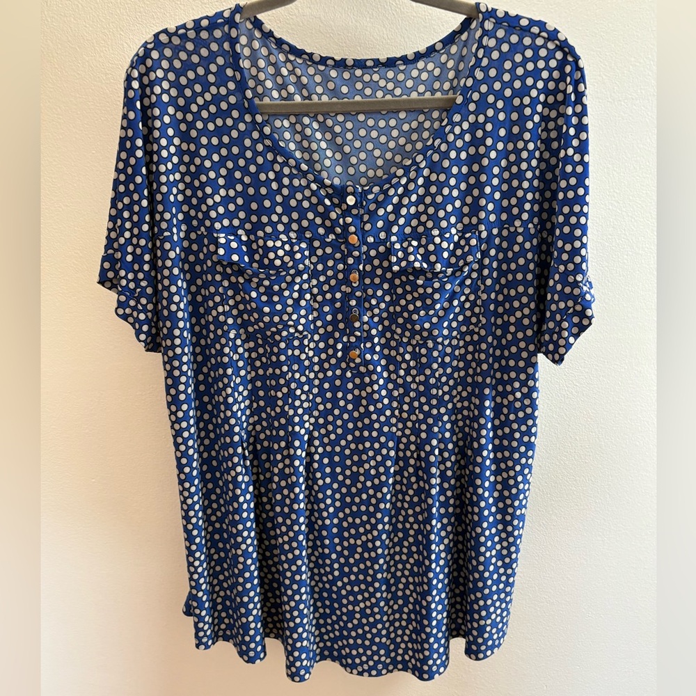 Blue With White Polka Dot Scoop Neck Blouse 2X